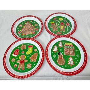 4 Christmas-Themed Melamine Deep DIsh Plates 8.5 Inches Gingerbread Green Red